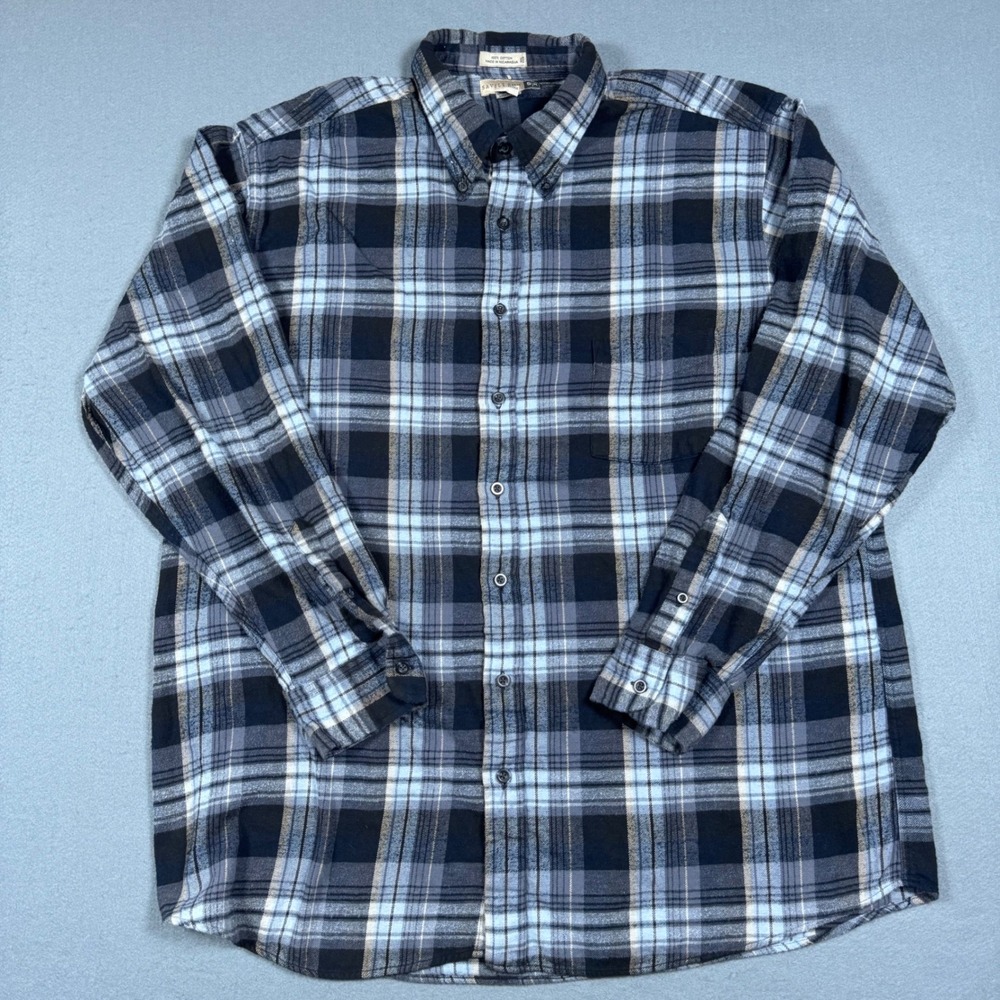 Savile Row Flannel Shirt Men XXL Blue Black Plaid Cotton Button Down Long Sleeve